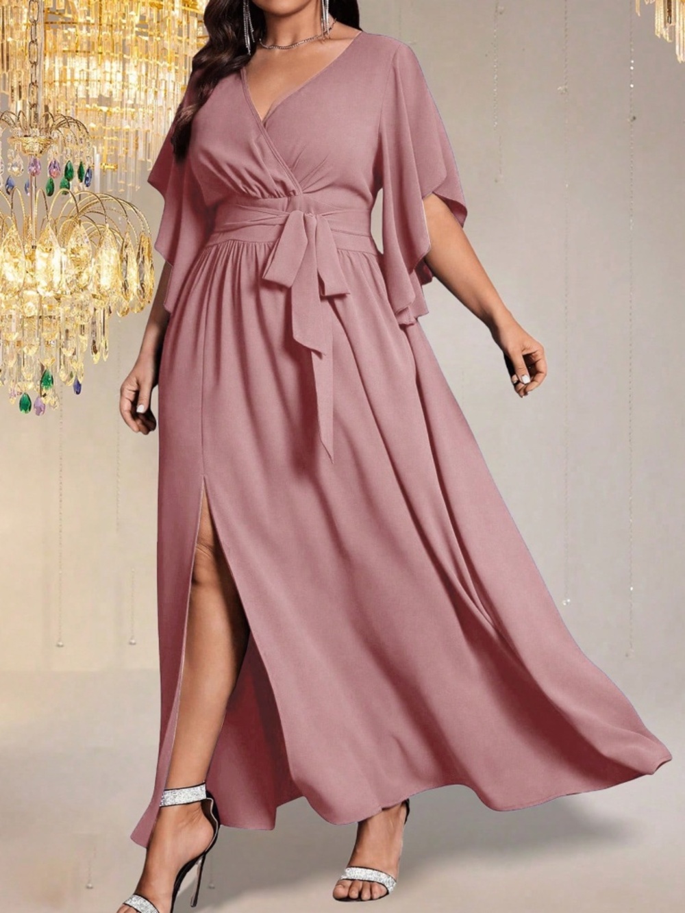  Plus Solid V neck Flounce Sleeve Belted Split Thigh Party Evening Dress - Picture 5 of 15